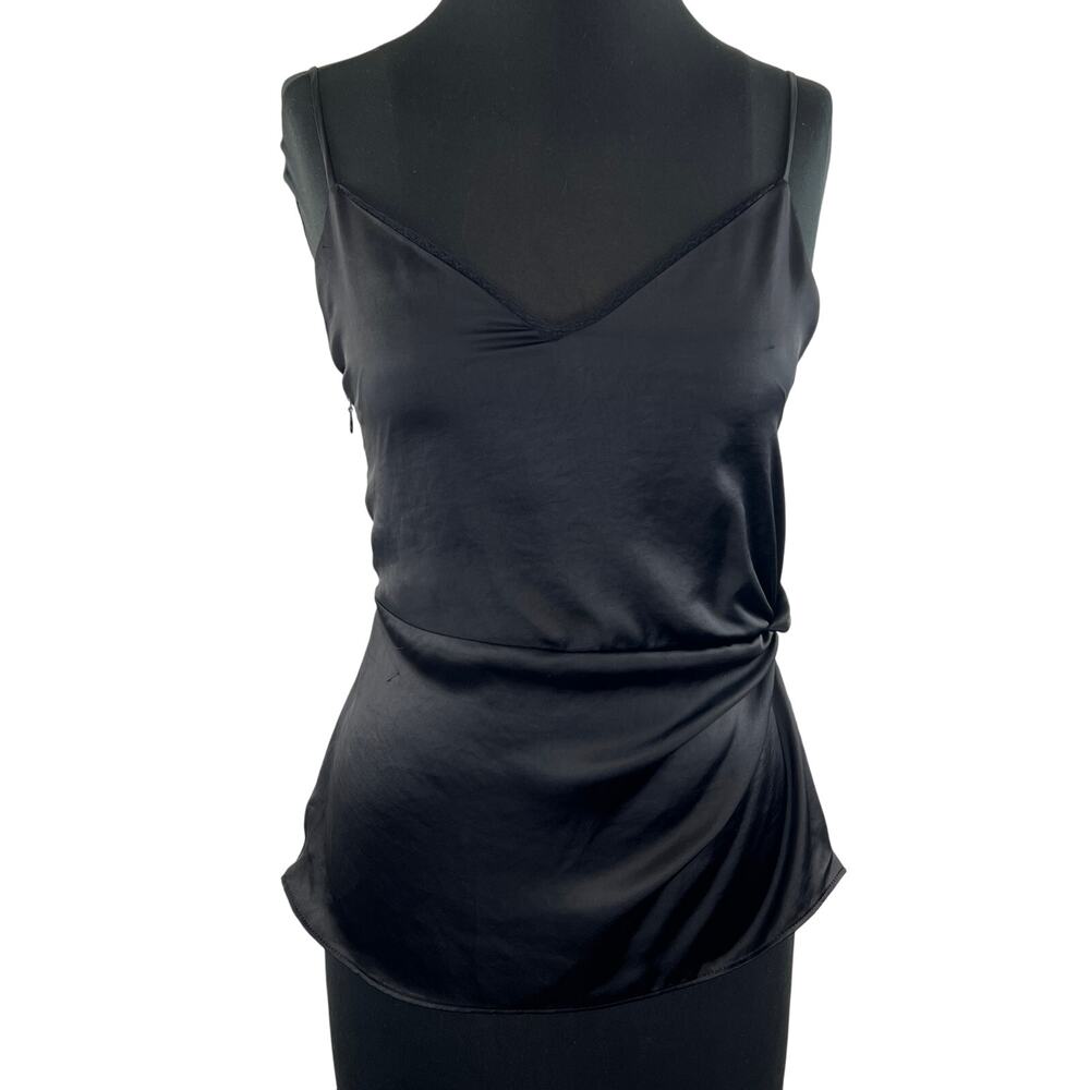 NEW Zara Black Sleeveless Silky V-Neck Side Gather Spaghetti Strap Tank Top Sz S